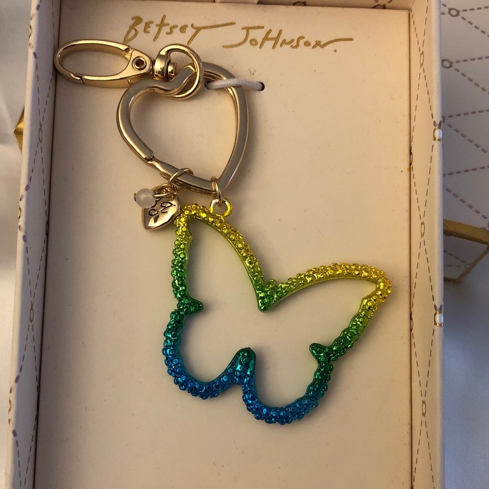 Betsey Johnson Yellow, Green & Blue Ombre Open Frame Butterfly Keychain NIB